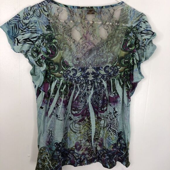 Unity World Wear Y2K Top Fitted Dyed Print Ruffle Cap Sleeve Womens L Stretchy - Picture 2 of 13
